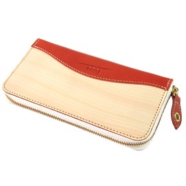 Feee FE-3201 Long Wallet, Men's, Women's, Genuine Tochigi Leather x Natural Wood, Zip Around Zipper, Made in Japan, orange (Hinoki)