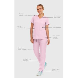 MediChic Women's V-Neck Scrub Set Straight Leg Six Pocket Cargo Scrub Pants with 4-Way Stretch Scrubs Sets