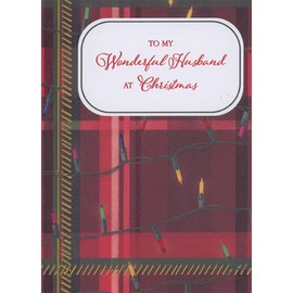 Designer Greetings String of Lights and Repeated Gold Foil Slashes on Dark Red Plaid Pattern Christmas Card for Husband