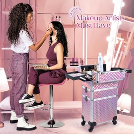 Faquenc 3 in 1 Rolling Makeup Case, Makeup Case with Wheels Cosmetology Case Trolley Nail Tech Cart Organizer for Traveling Makeup Artist Nail Art Hair stylist Salon Barber with Lock, Pink