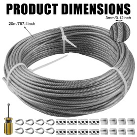 GBKDQQ Wire Rope 3 mm, 20 m Steel Cable, Stainless Steel Rope PVC Steel Cable Coated Kit, 304 Stainless Steel Rope with Aluminium Sleeves, Steel Cable with Eyelets, Wire Rope Thimbles for Strings