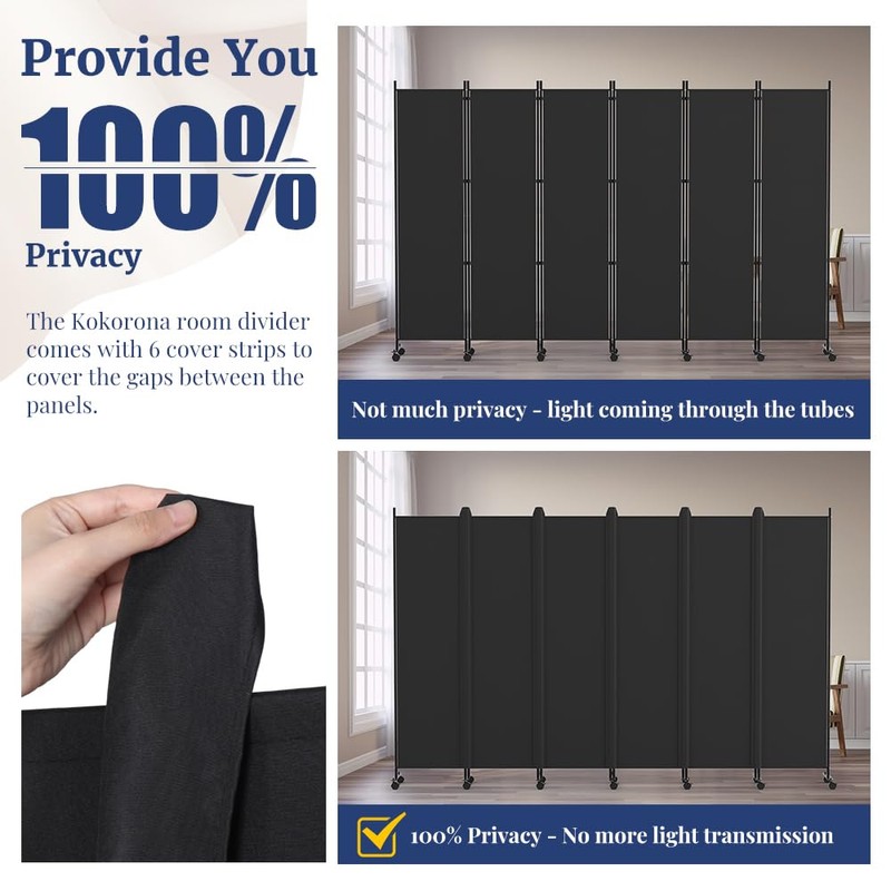 Kokorona 6 Panel Room Divider, 6FT Tall Rolling Privacy Screen