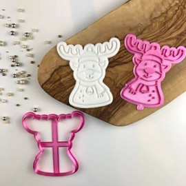 LissieLou Reindeer Cookie Cutter and Stamp Christmas Icing Stamp Fondant Embosser - Pink