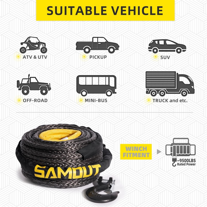 SAMOUT Synthetic Winch Rope Cable Kit: 3/8in x 92ft 25500LBS