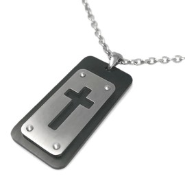 Loralyn Designs Mens Engraved Religious Dog Tag Cross Necklace Brushed Stainless Steel Christian Catholic Jewelry (24 Inch)