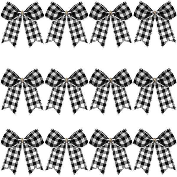 12 Pieces Christmas Plaid Bows Buffalo Thanksgiving Fall Decorative Plaid Bows for Halloween Wreaths Tree Party Indoor Outdoor Home Decoration (Black and White, 6 x 6 Inch)