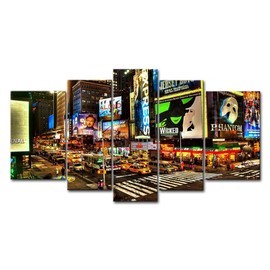 So Crazy Art Painting, Wall Art City Night Broadway Street, Modern Decoration Print on Canvas, 5 Panels, Oil for Home Bedroom Living Room Bathroom Decor