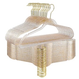 FREZON Clear Acrylic Plastic Hangers for Clothes for Adult Closet Heavy Duty Hangers Space Saving 360 Degree Swivel Hook and Notches (50, Gold/Gold Glitter)