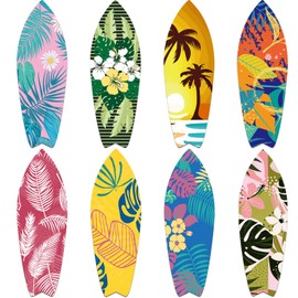 8 Pcs 9 1/2" x 28" Surfboards Cut out Cardboard Tropical Beach Decorations Surf Board Wall Decoration Hawaiian Party Wall Decor Graphics Surfboard Sign for Summer Pool Surf Party