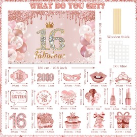Sweet 16 Party Decorations for Girls Large Sweet 16 Banner Backdrop with 16pcs Happy 16th Birthday Photo Booth Props Signs Rose Gold 16 Birthday Selfie Props Kit with Sticks for 16 Years Old Party