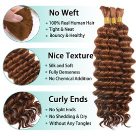 Human Braiding Hair for Boho Braids Human 110g 16 Inch Curly Boho Hair for Braiding Knotless 12A Deep Wave Bulk Bohemian 3 Bundles/Pack Auburn Ginger