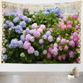 CORFOTO 81x59 Inch Fabric Colorful Hydrangea Flowers Tapestry Floral Garden Green Leaves Stone Wall Wall Hanging Spring Flower Tapestry for Bedroom Aesthetic Living Room College Dorm Decor