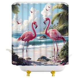 JEJOMEAG Tropical Flamingo Ocean Beach Shower Curtain Palm Island Coastal Nature Scenery Landscape Fabric Bathroom Decor Curtain with Hooks, 70Wx70H