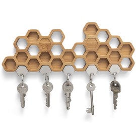 Wooden Magnetic Key Holder | Unique Honeycombe Design | Minimalist | Strong Magnets | Wall Mounted | Hallway, Entrance, Office, Home | Bamboo Key Rack | Holds 5 Sets of Keys | W28.5 x H9.2 x D2.8cm