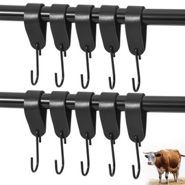 GGXZHT Pack of 10 S Hooks Black with Leather Loop, Hangers Coat Hooks with Leather Loop, Pram Hooks, Metal S Shaped Hook for Clothes Rail Bathroom, Camping&Kitchen.
