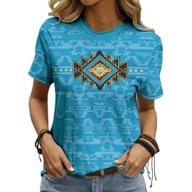 Women's Southwest Tribe Printed T-Shirt Boho Style Casual Round Neck Top Aztec Geometric Bull Head Pattern Shirt (Blue8,XX-Large)