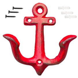 Vintage Rustic Cast Iron Nautical Anchor Design Wall Hooks Coat Hooks Rack, Decorative Wall Mounted Antique Shabby Chic Metal Home Bath Room Towel Coat Hooks Hanger (Red)