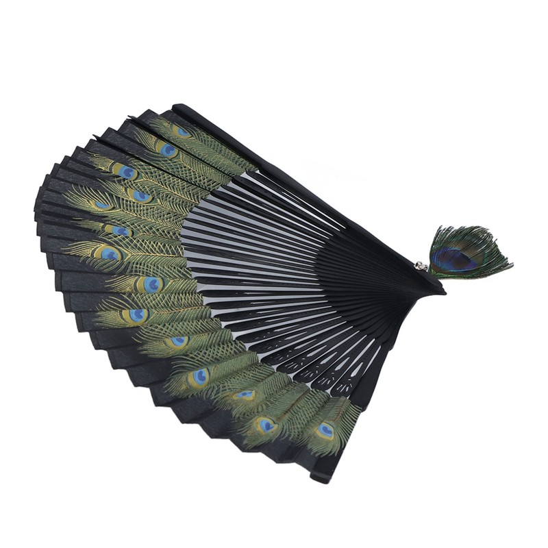 Folding Fan Black Bones Beautiful Peacock Pattern Antique Bamboo Hand