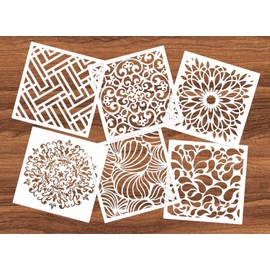 Reusable Mandala Floor Stencil Set of 6 (6 x 6 inch) Painting Stencil, Laser Cut Painting Template Floor Wall Tile Fabric Wood Stencils DIY Decor (White-BB(6 Pack))