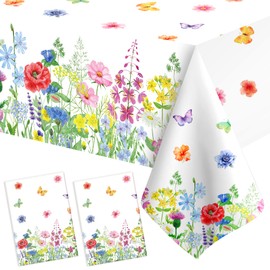 Spring Floral Tablecloth, 2 Pack Easter Spring Tablecloth, 54 x 108 Inch Wild Flower Disposable Plastic Rectangular Tablecover for Picnic Dining Holiday Birthday Baby Shower Party Decorations Supplies