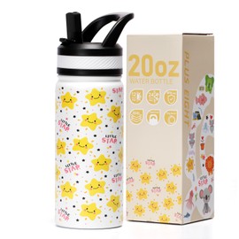 pluseight Kids Insulated Water Bottle with Straw Lid, 600ml BPA-FREE Double Wall Vacuum Tumbler 18/8 Stainless Steel Leak Proof Kids Cups with Straw for School Travel Boys Girls (Little Star)