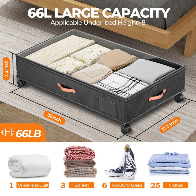 Under Bed Storage with Wheels,2-Pack Under Bed Storage Containers with
