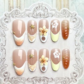 Handmade Press on Nails Medium Almond Fake Nails with Pearl Flower Design Yellow French Tip False Nails Rhinestone Starfish Ocean Glue on Nails Glossy Ombre Nail for Women Girls Manicure 30Pcs