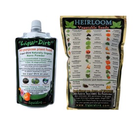 Heirloom Vegetable and Fruit Seeds 38 Varieties(Over 8,000 Seeds) Plus Liqui-Dirt Nano Powder All-Purpose Complete Plant Food Combo Pack - for Indoor or Outdoor Use (Makes Over 50 gallons)