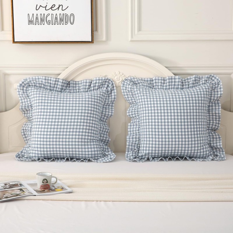 Silnuo Light Blue Plaid Ruffle Throw Pillow Covers Set of