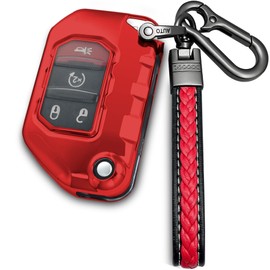 Yonmcfn for Jeep Key fob Cover with Metal/Leather Keychain,TPU Key case,Compatible with 2020 2021 2022 2023Wrangler JL JLU Gladiator JT Rubicon Remote Smart Key,Transparent red