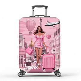 MAYJOYDIY Pink Lady Travel Luggage Cover Time To Travel Elastic Baggage Covers Tower Dust-Proof Suitcase Sleeve Anti-Scratch Washable Suitcase Protector S Fit 18-20inch Luggage