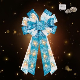 ABTOLS Large LED Christmas Wreath Bows, LED Light Christmas Bows for Wreath Blue White Snowflake Wreath Bows Christmas Winter Bows for Front Door Xmas Bows for Indoor Outdoor Decor