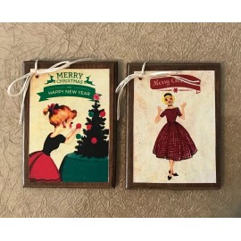 handcrafted 5 Handcrafted Wooden Retro 1950's Style Christmas Ornaments / Hang Tags SETh