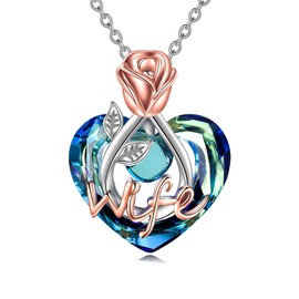 POPKIMI Gifts for Wife Wife Necklace from Husband Rose Flower Love Heart Necklace Gifts for Wife Birthday to My Wife Necklace 925 Sterling Silver Crystal Love Heart Pendant Necklace for Women