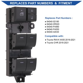 Obaee Main Window Switch Power Control Button Driver Side Compatible with 2019-2021 Toyota RAV4 XA50，2018-2021 Toyota CHR Replacement OEM84040-02180 84040-0R020 84040-F4060 Bule Light