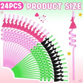 Honeydak 24 Pcs Princess and Witch Plastic Straws Party Favor Supplies, Plastic Witch Theme Cute Long Spiral Drinking Straws for Pink and Green Birthday Party Supplies