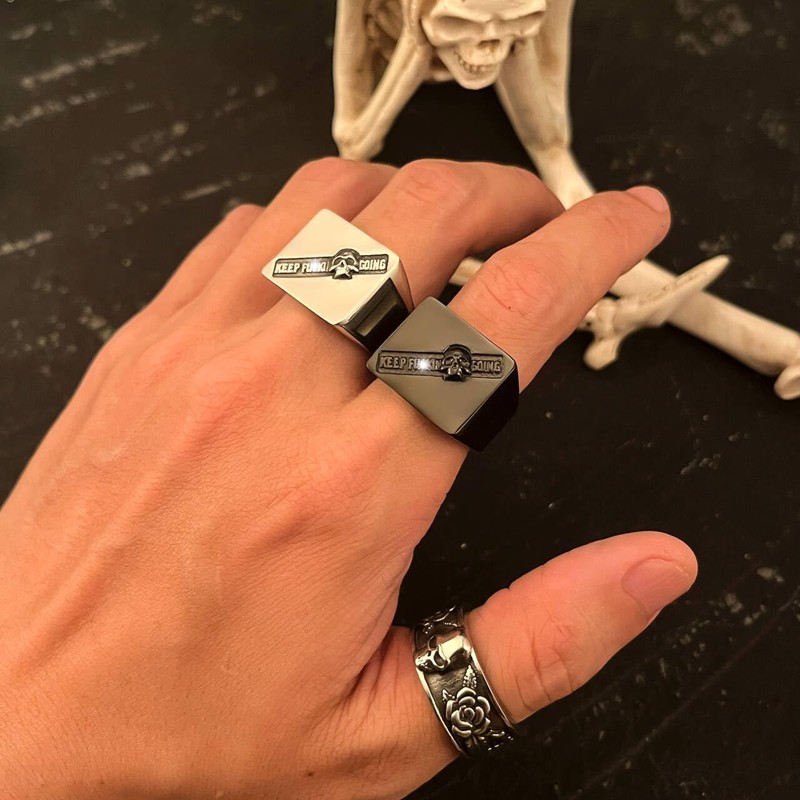 ELFASIO Keep Going Skull Rings for Mens, Square Signet Ring