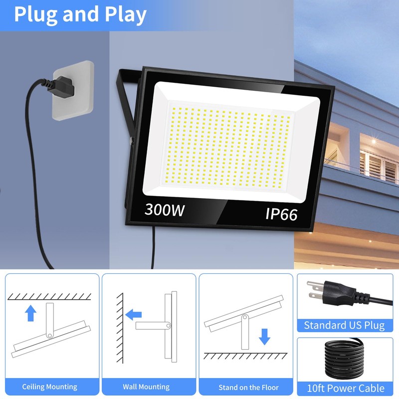 ISUERFY 300W LED Flood Light Outdoor with Plug, 36000LM Ultra