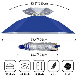 NEW-Vi Fishing Umbrella Hat Folding Adjustable Sun Rain Cap, 37.4”Oversize Hands Free Umbrellas, 7-Ribs Anti-UV Waterproof Headwear for Fishing Gardening Golf Sunshade Outdoor (Blue)
