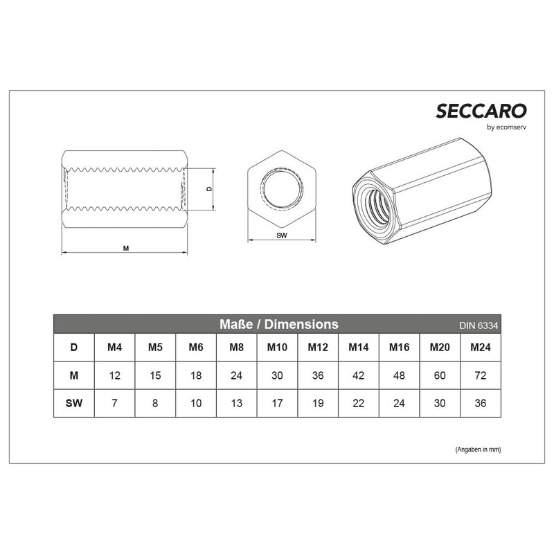 SECCARO M8 Extension Nuts Stainless Steel V2A VA A2 DIN