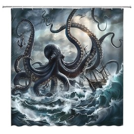 MSAYNFG Octopus Nautical Shower Curtain Pirate Ship Ocean Animal Adventure Kraken Tentacles Fabric Bathroom Decor Set with Hooks(70" Wx70 H)