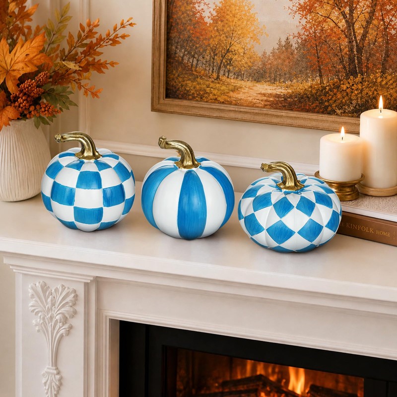 3-Piece Blue and White Resin Pumpkin Set, Coastal Fall Decor