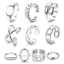 Diamday Pack of 10 Gold Chunky Rings for Women 14 Carat Gold Stainless Steel Adjustable Stackable Rings Sets Dome Thick Braided Twisted Trendy Knuckle Thumb Finger Rings, Stainless Steel