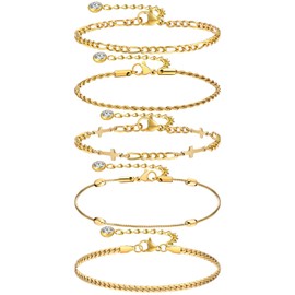 Stackable Cross Chain Bracelets For Women- 14K Gold Plated Dainty Layered Bracelets 5 Set, Adjustable Stainless Steel Stackable Figaro Snake Link Chain, Religious Christian Jewelry Confirmation Gifts