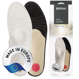 Bergal Soft Luxury Premium Footbeds Extra Soft Made of Vegetable Tanned Leather and Activated Carbon with Pad, Metatarsal Support and Heel Pads, Orthopaedic Leather Shoe Insoles to Prevent Sweaty Feet