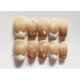 M·Q NAIL,Press on nails, Sparkling powder and gradually square medium nails,Hand drawn,Includes 48 jelly glue and 2 cuticle sticks and 2 rubbing strips.(S)