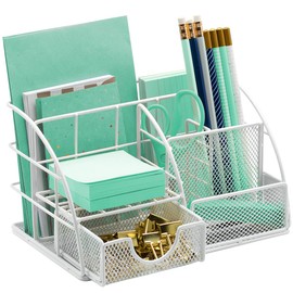 Sorbus Desk Organizer, Great for Office Supplies Organization Decor, All-in-One Stylish Mesh Desktop Caddy Includes Pen/Pencil Holder, Mail Organizer, and Sliding Drawer (White)