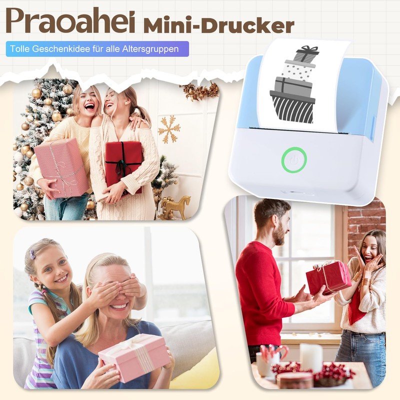 PRAOAHEI Mini Printer, Portable Photo Printer with 10 Rolls of