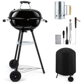 18 inch Kettle Charcoal Grills, Leonyo Portable BBQ Charcoal Grill for Outdoor with Cover & Chimney Starter, Griddle Accessories for Camping, Patio, Backyard Cooking - 254 Sq.in