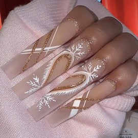 LPOODDNU Christmas Press on Nails Snowflake Fake Nails Gold Glitter Christmas Glue on Nails Long Square Christmas False Nails Full Cover Gold White Stripes Design Christmas Nails Press ons for Women